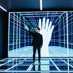 **Digital Creator & NFT Focus:**
    A contemporary digital artist, fully clothed in a modest, stylish professional outfit, is intensely focused on a large, sleek holographic screen in a futuristic, well-lit studio. The screen displays abstract, flowing digital art infused with subtle blockchain network patterns. The artist's pose is natural, with well-formed hands gesturing near the interface, conveying innovation and creativity. The overall scene emphasizes high-tech artistry and the concept of digital ownership. Safe for work, appropriate content, perfect anatomy, correct proportions, natural body proportions, professional photography, high quality, family-friendly.