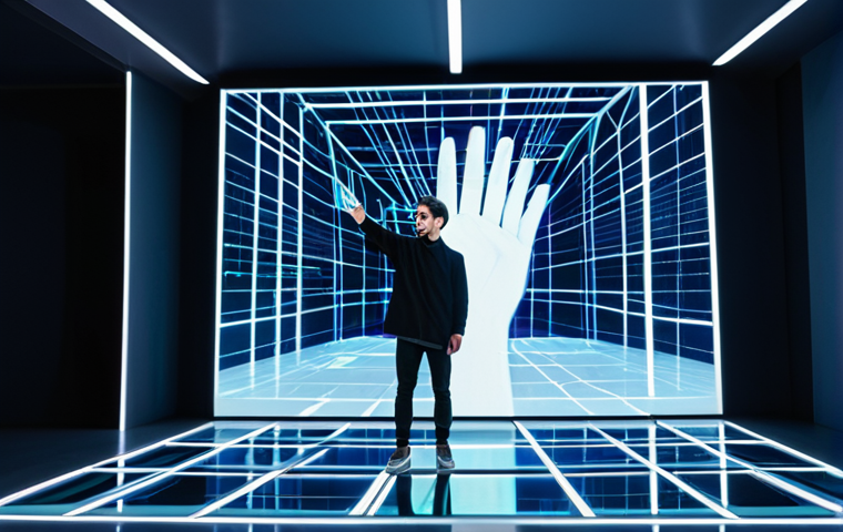 **Digital Creator & NFT Focus:**
A contemporary digital artist, fully clothed in a modest, stylish professional outfit, is intensely focused on a large, sleek holographic screen in a futuristic, well-lit studio. The screen displays abstract, flowing digital art infused with subtle blockchain network patterns. The artist's pose is natural, with well-formed hands gesturing near the interface, conveying innovation and creativity. The overall scene emphasizes high-tech artistry and the concept of digital ownership. Safe for work, appropriate content, perfect anatomy, correct proportions, natural body proportions, professional photography, high quality, family-friendly.